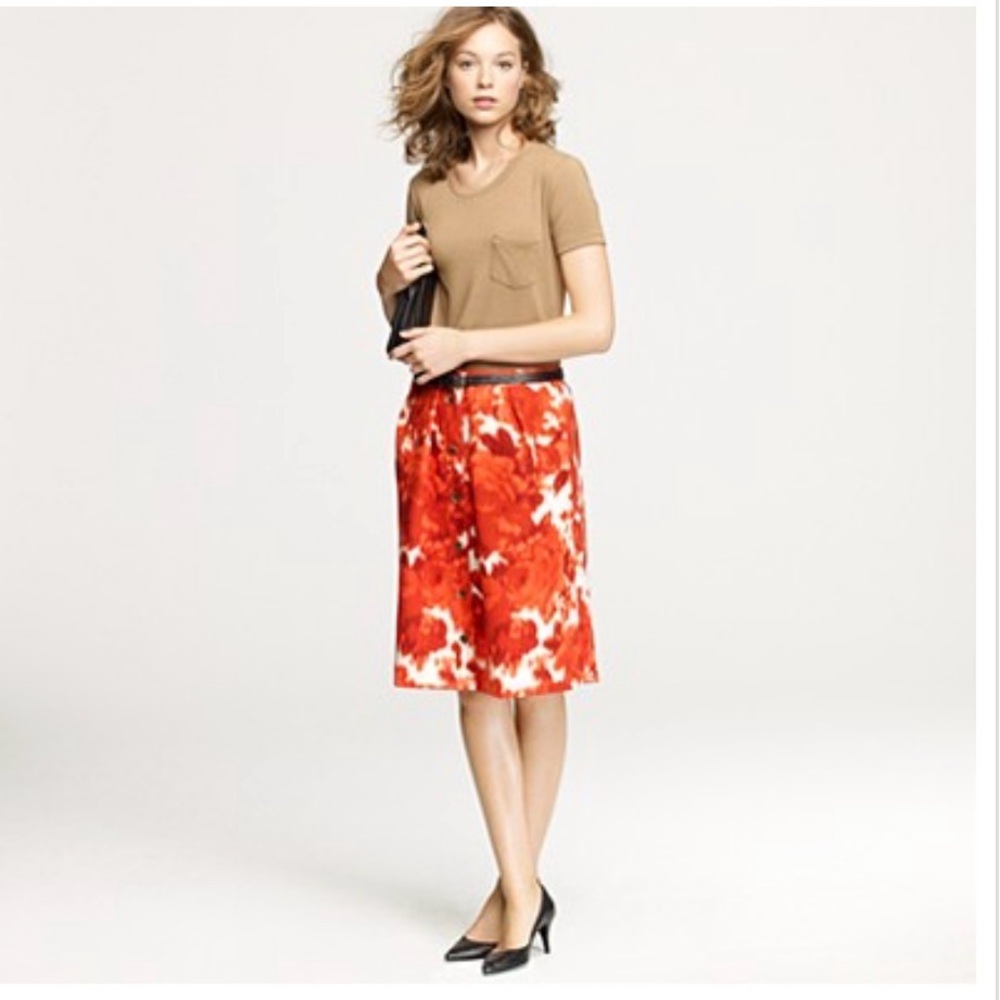 J Crew Red Floral Watercolor Button Down Pleated Knee Length Skirt Size 2